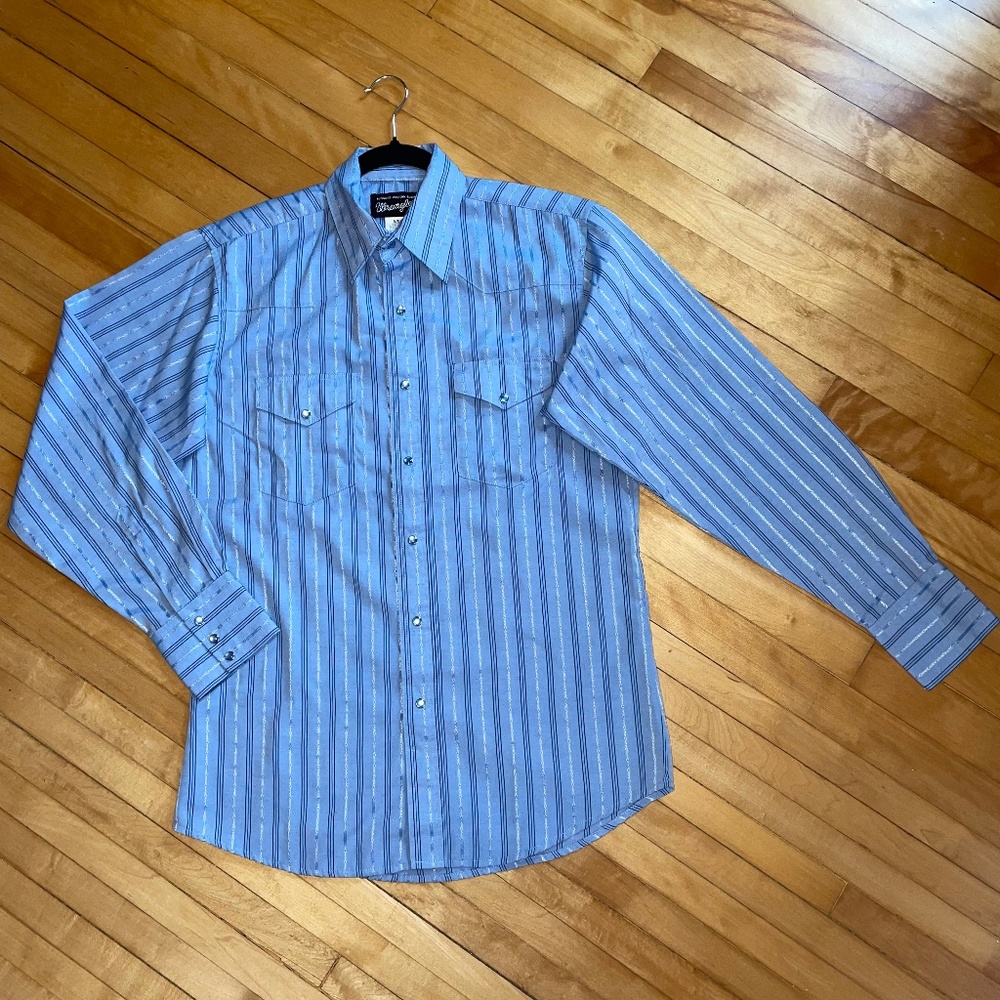 WRANGLER Vintage Western Shirt 1970's Pearl Snap Light Blue Stripe Festival